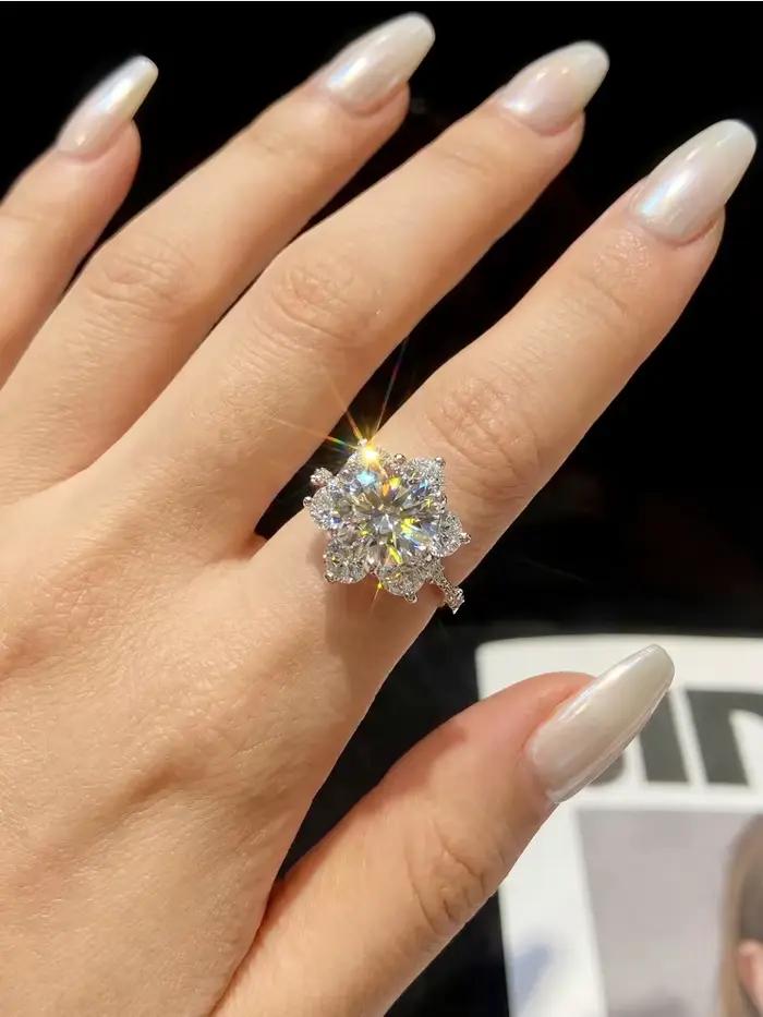 Bague classique en forme de tournesol en moissanite véritable 100% 5 carats pour femme, cadeau en argent sterling 925, bijoux fins de luxe pour mariage