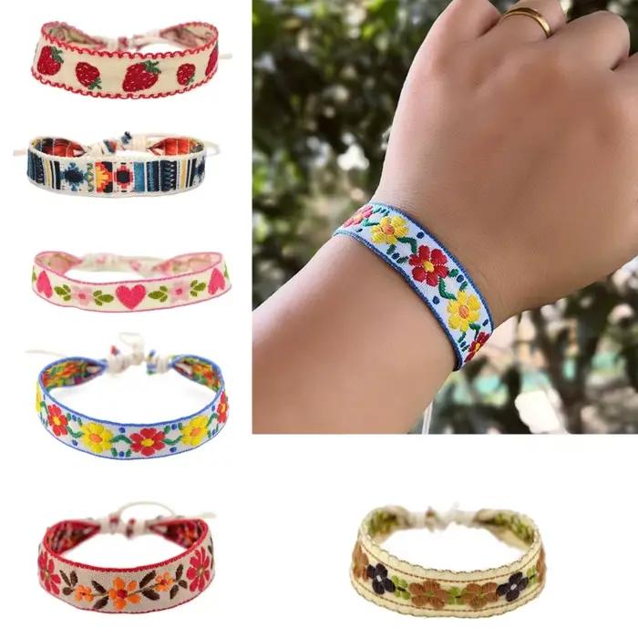 Bracelet brodé Boho Harvey Flower, bracelets tressés faits à la main, bijoux