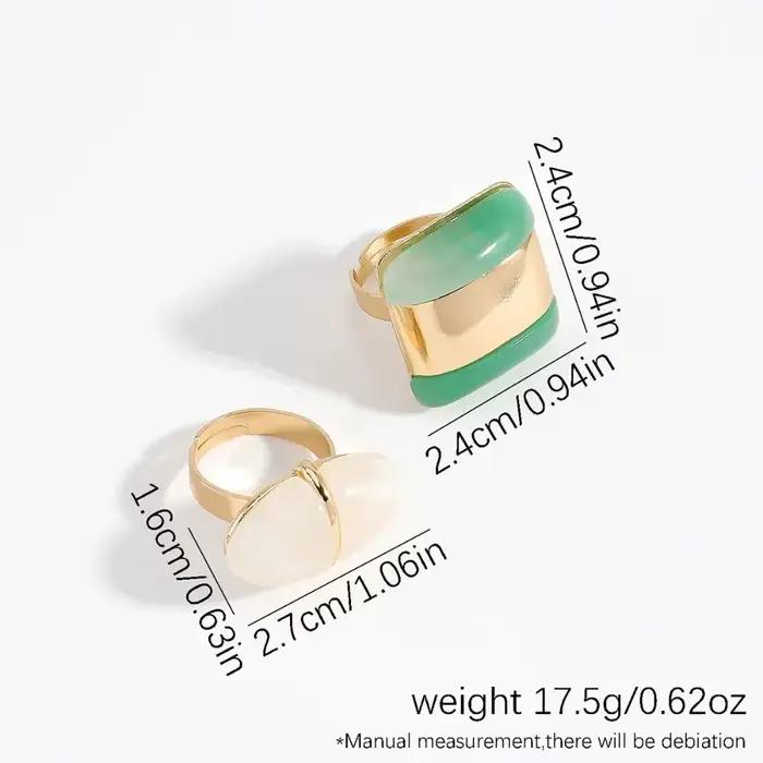 Ensemble de bagues de luxe en résine géométrique française, ajustables, style vintage, avec pierres vertes et blanches, en alliage de zinc, bague ouverte, cadeau