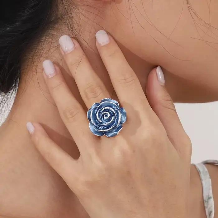 Cring Coco Rose Bague en Émail pour Femme, Breloque Élégante, Plante Réglable, Bijoux à la Mode, Cadeau de Noël
