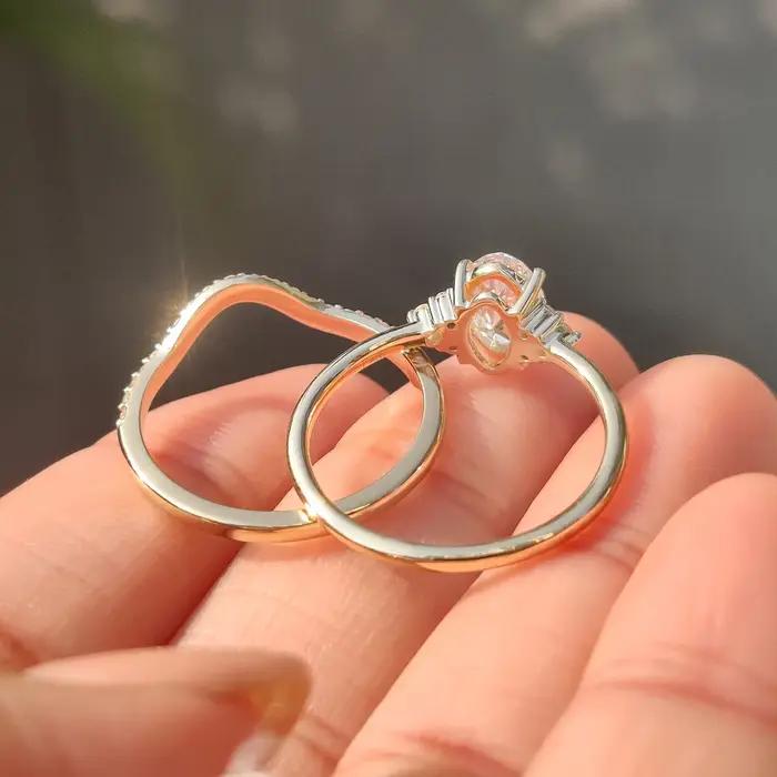 Bague de fiançailles en or massif 18K/14K avec diamant ovale de laboratoire 2.0CT, ensemble de bagues de mariage demi-éternité, certifié IGI E VS1