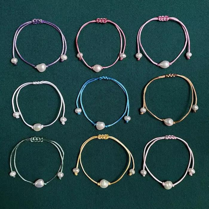 Bracelet de Perles d'Eau Douce Naturelles pour Femme et Fille, Corde Rouge et Noire Irrégulière, Grande Perle Baroque, Breloque Chia, Boho