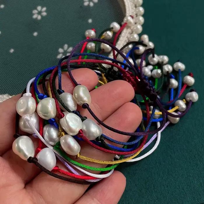 Bracelet de Perles d'Eau Douce Naturelles pour Femme et Fille, Corde Rouge et Noire Irrégulière, Grande Perle Baroque, Breloque Chia, Boho