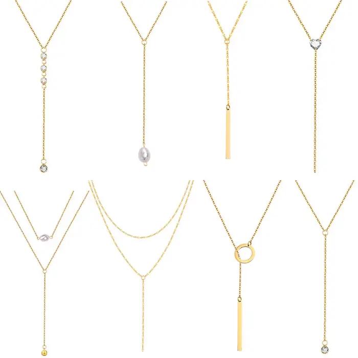 Collier lariat pour femmes, collier en acier inoxydable avec un long JOL, bijoux de fête et de mariage