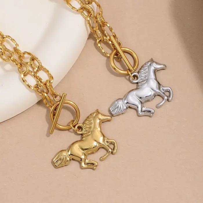 Collier tendance avec pendentif Cheval des 12 signes du zodiaque pour femme, en acier inoxydable plaqué or 18 carats, hypoallergénique, bijou de déclaration pour soirée
