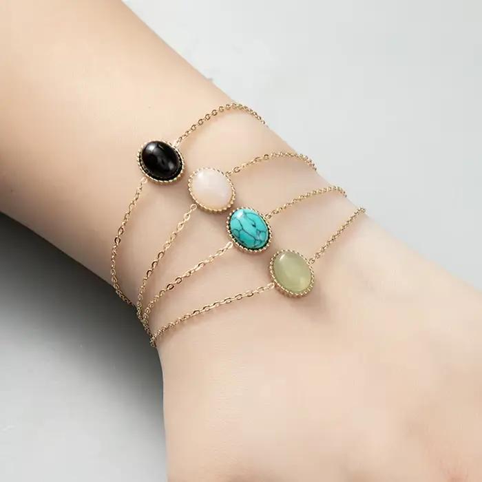 JOElegant-Bracelet en Pierre Naturelle de Style Bohème, Bijou en Titane et Acier de Qualité Supérieure, Forme Ovale, Vente en Gros en Usine