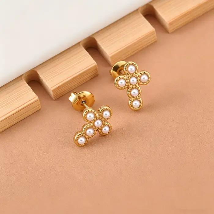 Boucles d'oreilles croix religieuse pour femmes, en acier inoxydable, perles simulées, plaqué or, bijoux de fête tendance pour femme E26082