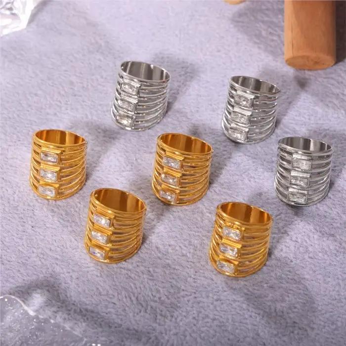 Bague superposée en acier inoxydable 316L pour femmes, plaqué or 18 carats incrusté de Zircon brillant, anneaux larges pour femmes, Style Hiphop Rock