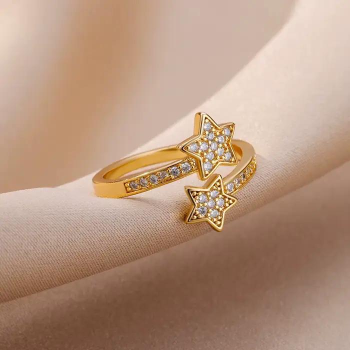 Bagues Double étoile en Zircon pour femmes et filles, en acier inoxydable, couleur or y2k, nouvelle tendance, bijoux esthétiques pour fête de mariage, 2024