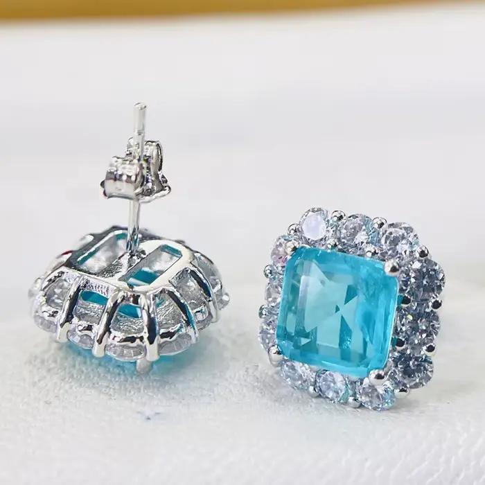 Boucles d'oreilles carrées en argent Sterling 925 pour femmes, 12x12mm, élégantes, Paraiba, Tourmaline, fiançailles, déclaration de mariage, bijoux
