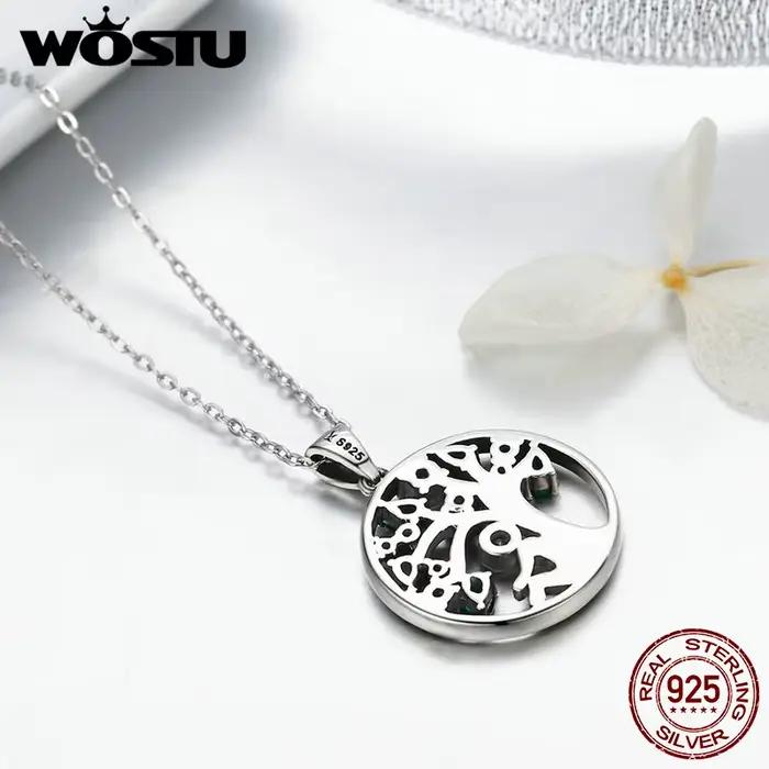 WOSTU Collier Arbre de Vie en argent sterling 925 véritable, pendentif rond en zircone cubique verte, bijoux Arbre de Famille, cadeau pour elle