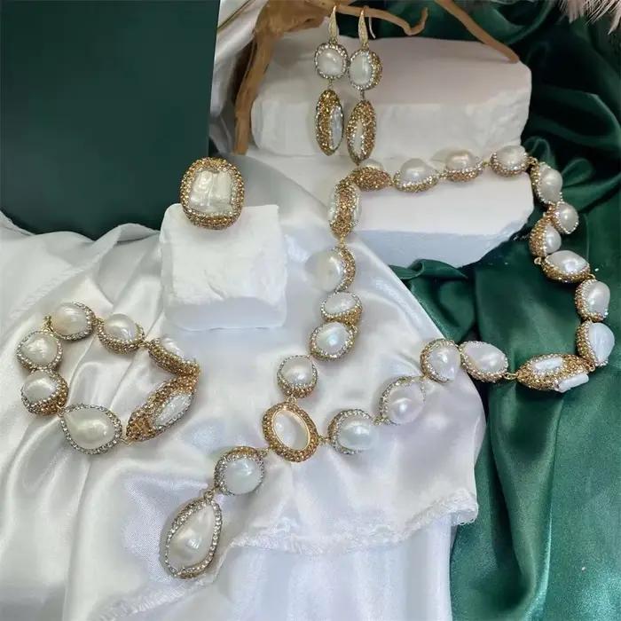 Bijoux en perles d'eau douce baroques irrégulières turques pour femmes, ensemble de collier et boucles d'oreilles en cristal goutte d'eau, bijoux de mariage pour femmes