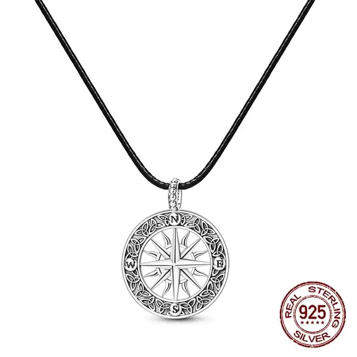 Collier pendentif boussole en argent sterling 925, cordon en cuir, collier vintage, bijoux d'aventure, cadeau pour femmes et hommes