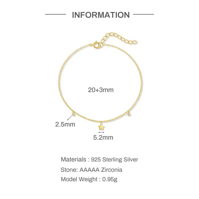 Aide Bracelet de cheville en argent sterling 925 avec breloque étoile, plaqué or délicat et pendentif CZ, pour femme, idéal pour l'été, la plage et les pieds nus