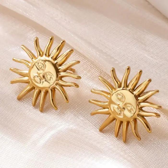 Boucles d'oreilles Punk en acier inoxydable pour femmes, plaqué or, géométrique, visage de soleil, esthétique de mariage, bijoux imperméables, cadeau