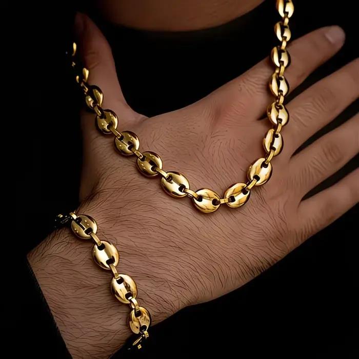 Ensemble collier et bracelet tendance pour homme et femme, couleur or, perles en forme de grains de café, avec fermoir en acier inoxydable, bijoux de cou pour soirée