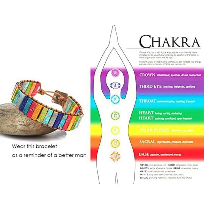 Bracelet bohème multicolore en pierre impériale, 7 chakras, pierres rectangulaires, bracelet en corde de cuir, bijoux de poignet K0