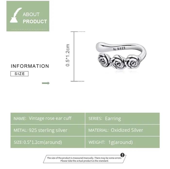 Bamoer 1 PC Vintage empilable Rose oreille manchette réel 925 en argent Sterling rétro fleurs oreille pince pour les femmes bijoux fins cadeau de mariage