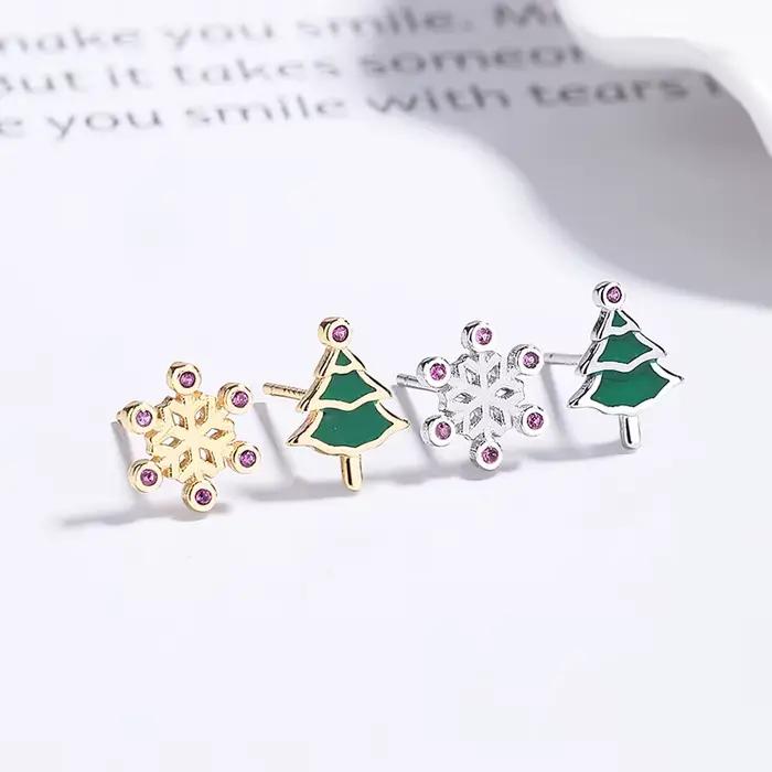 Boucles d'oreilles festives et féminines en forme d'arbre de Noël et de flocon de neige 2025, argent sterling S925