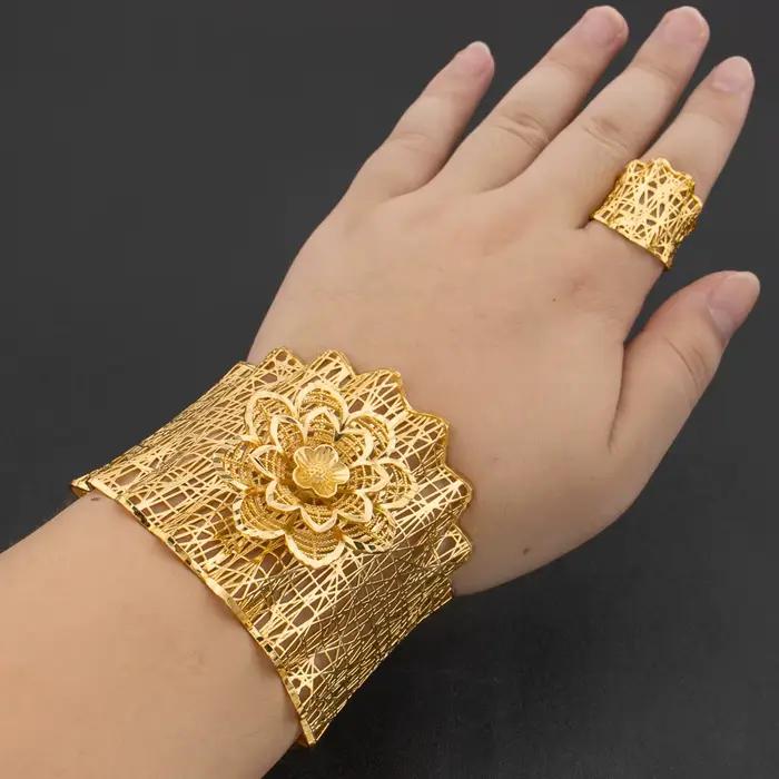 Ensemble de bijoux de luxe arabe plaqué or pour femmes, grand Bracelet en cuivre, Design de bague réglable, bijoux de mariage à la mode