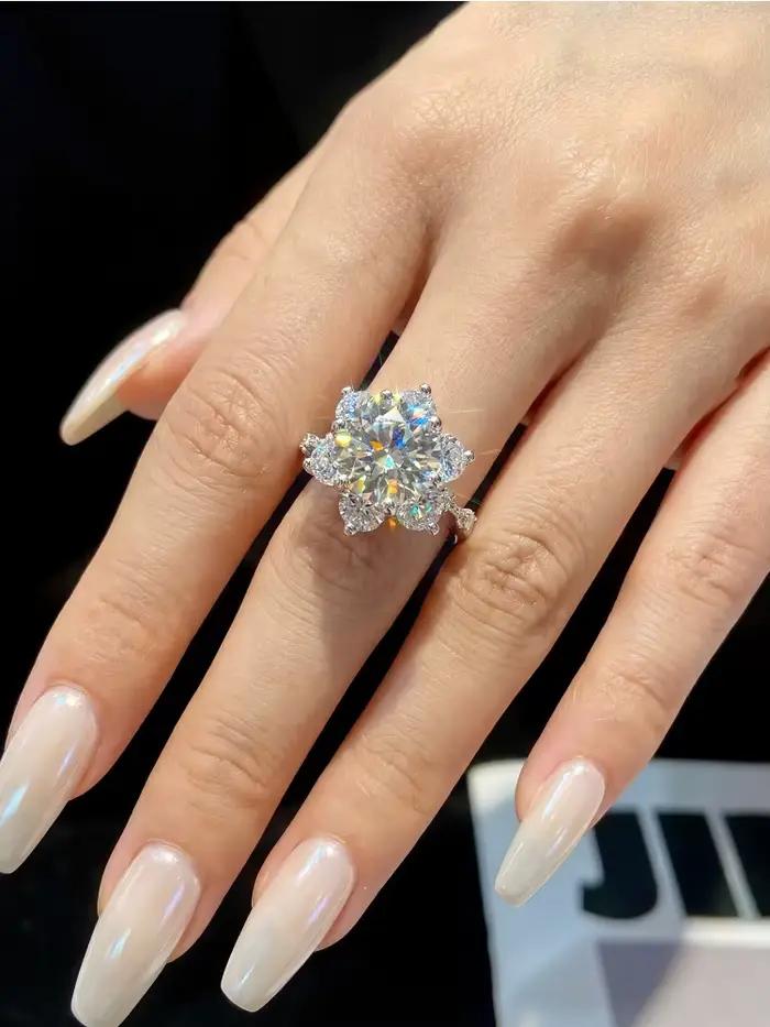 Bague classique en forme de tournesol en moissanite véritable 100% 5 carats pour femme, cadeau en argent sterling 925, bijoux fins de luxe pour mariage