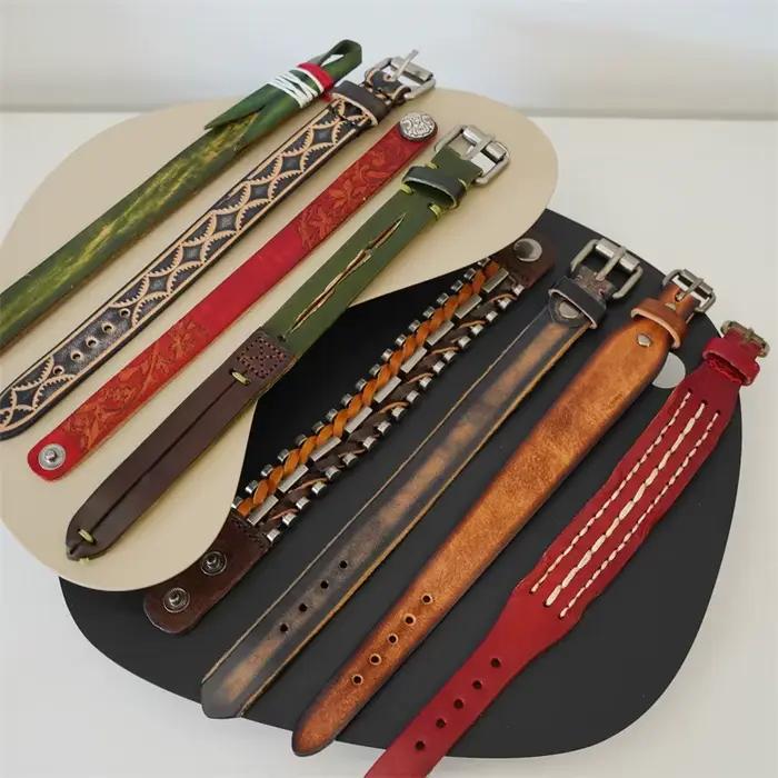 MKENDN Vintage tanné végétal peau de vache manchette bracelet pour hommes femme Punk bracelet frotté en détresse Denim couleur bracelet