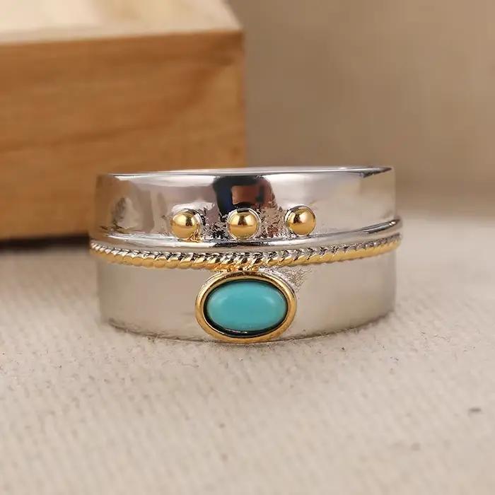 Bague polyvalente de style bohème incrustée de turquoise, bague ethnique vintage plaquée argent pour femme, bijoux de mode décontractés pour les fêtes