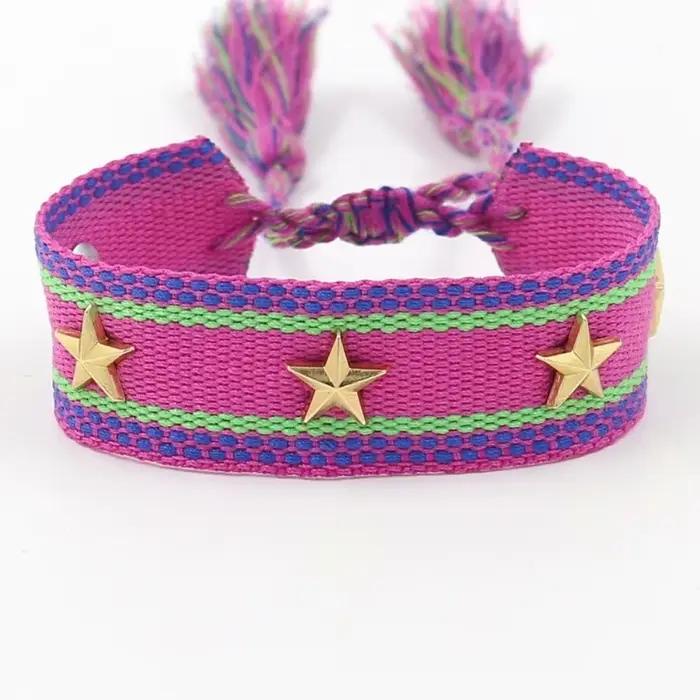 Bracelets Bohèmes Tissés à la Main avec Pompons, Rivets Étoiles, Bracelets Ajustables pour l'Amitié, Bijoux pour Femmes