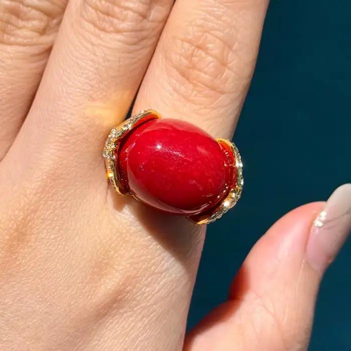 Bagues ovales vintage en agate rouge pour femme, bijoux de luxe Art Déco avec strass couleur or, marque de mode pour filles, cadeau de haute qualité pour fête