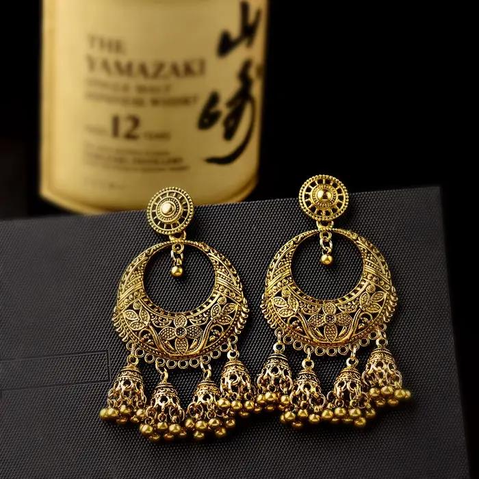 Boucles d'oreilles ethniques sculptées couleur or Jhumka Jhumki, style Boho, cloche de fleur ronde, pompon, goutte d'eau pour femmes, bijoux indiens à la mode