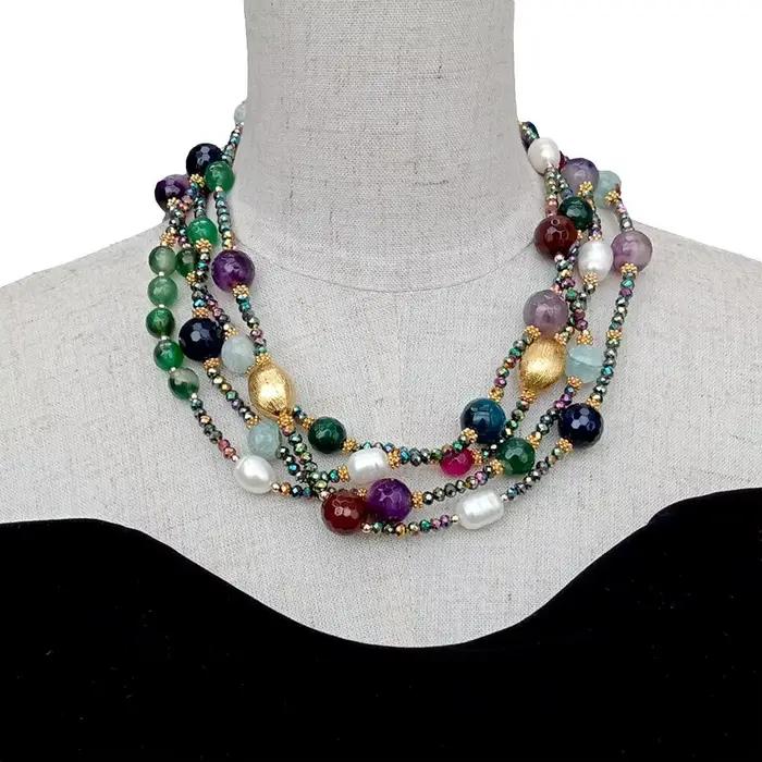 Y · YING – collier en Agate multicolore pour femmes, 4 brins de perles de culture blanches, ras du cou, bijoux de fête