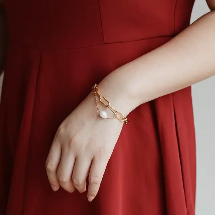 Amaiyllis-Bracelet de perles d'eau douce en or 18 carats pour femme, bijoux faits à la main, nar, double couche, Boho, Kolye