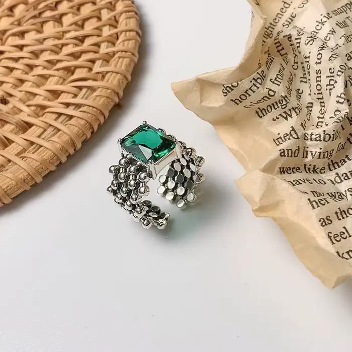 Bague en argent regardé 925 avec pierre verte unique pour femme, bijoux ouverts au doigt, bague vintage faite à la main, allergie pour fête, cadeau d'anniversaire