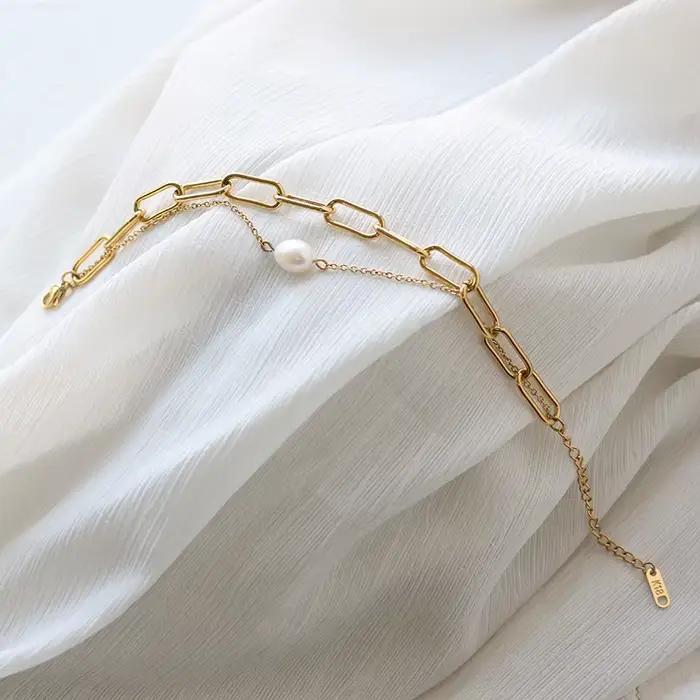 Amaiyllis-Bracelet de perles d'eau douce en or 18 carats pour femme, bijoux faits à la main, nar, double couche, Boho, Kolye