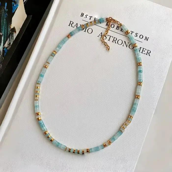 Collier de perles aigue-marine en pierre naturelle colorée pour femmes, fait à la main, léger, de luxe, petit arc de jaspe chinois, chaîne de cou, bijoux