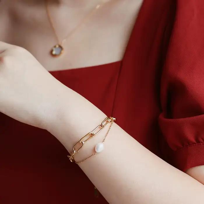 Amaiyllis-Bracelet de perles d'eau douce en or 18 carats pour femme, bijoux faits à la main, nar, double couche, Boho, Kolye