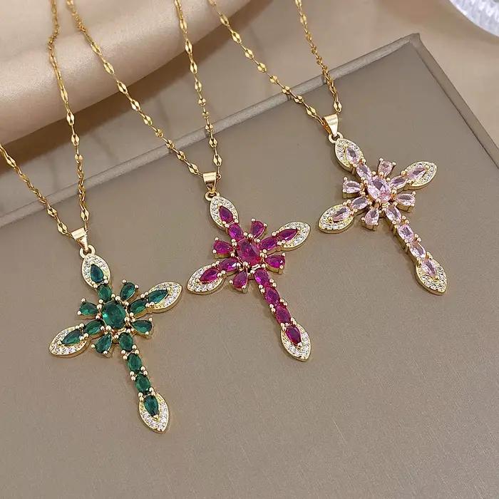 Collier croix religieux en Zircon coloré, prière de jésus, pendentif en cuivre plaqué or, chaîne en acier inoxydable, bijoux cadeau