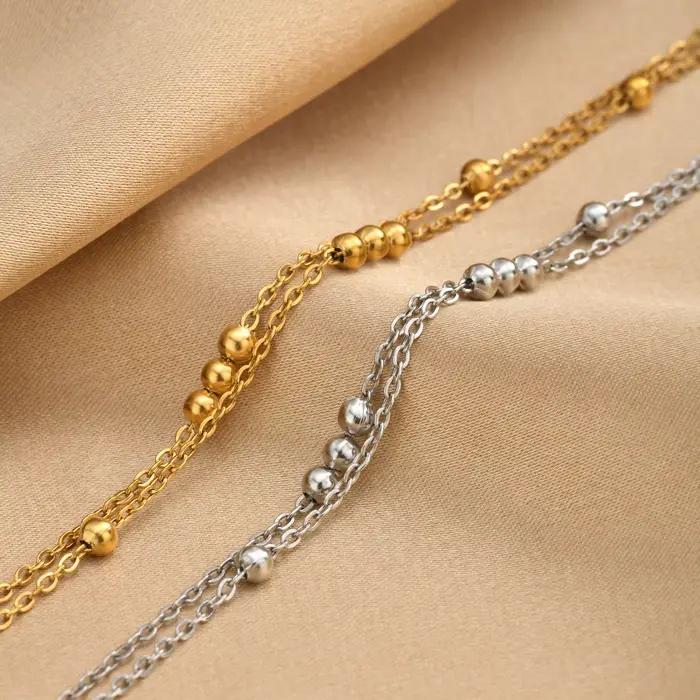Bracelet délicat double couche à billes pour femme, minimaliste, avec chaîne de perles Satellite Station, plaqué or 18 carats, bijoux étanches