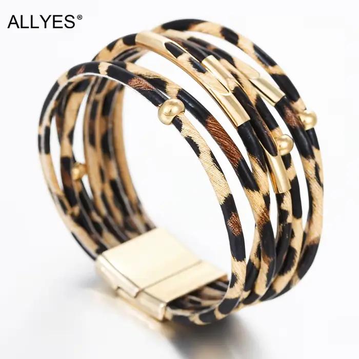 ALLYES Bracelet en cuir léopard bijoux mode femmes Tube en métal dames large Boho multicouche Bracelets d'enveloppement et Bracelets