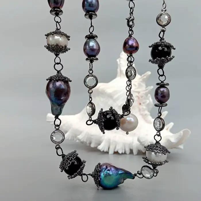 YYGEM – collier longue chaîne en perles naturelles de culture d'eau douce, 30 pouces, 15x23mm, Keshi noir, perle blanche, pomme de terre