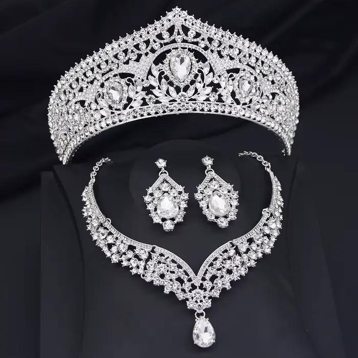 Ensemble de bijoux couronne de mariée princesse pour femmes, diadèmes et collier, boucles d'oreilles, accessoire de bijoux pour bal de promo, mariage, anniversaire