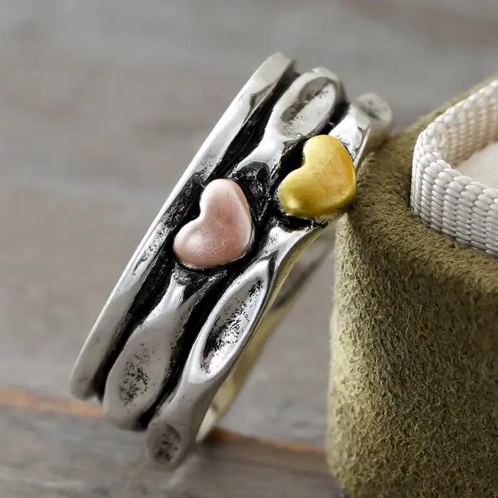 Bague double cœur Huitan pour femme, couleur argent antique, style vintage, bijoux hip-hop pour tous les jours et les fêtes, livraison directe