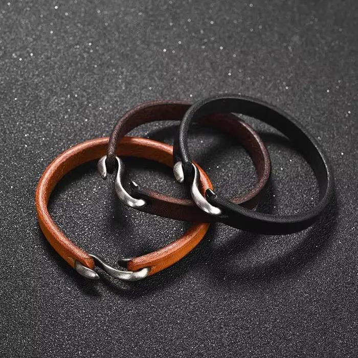 Bracelet rétro en cuir véritable pour homme et femme, bijou classique à crochets, couleur noir, marron, Orange, idéal comme cadeau