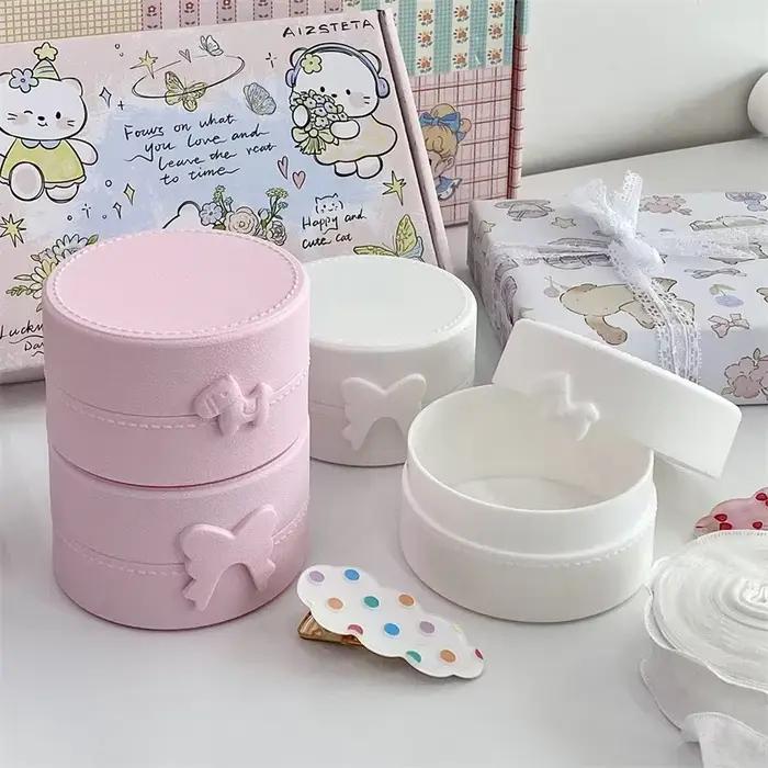 Boîte de rangement ronde INS Macaron Bow pour filles, épingles à cheveux de bijoux Kawaii, boîte anti-poussière, voyage portable, petit, personnalisé, mignon, 1 pièce
