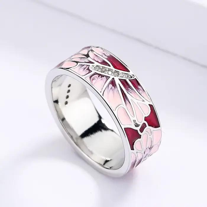 Bagues élégantes pour femmes, bague pêche rose, bijoux de fête de mariage, fleur classique, bague en émail faite à la main