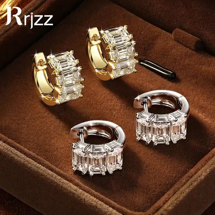 Rrjzz Boucles d'oreilles créoles pour femme en moissanite pleine couleur D taille émeraude 4*6mm, 6 pierres 4.8CT, imitation diamant, bijoux GRA, cadeaux
