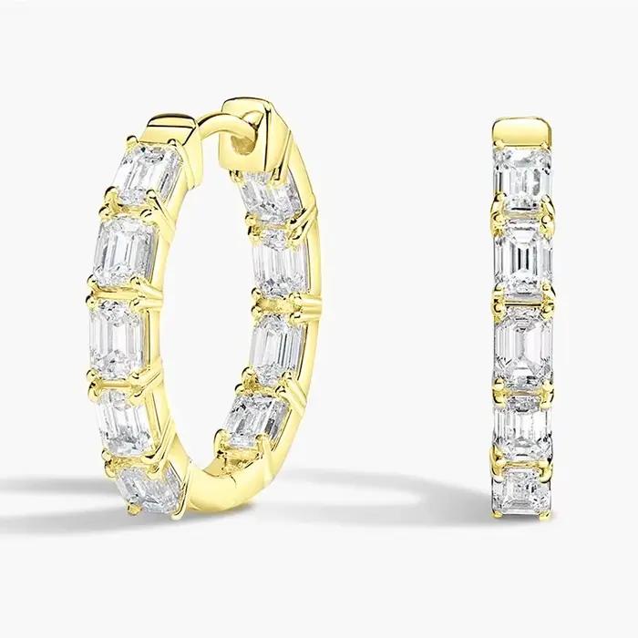 OXTAO Boucles d'oreilles créoles en moissanite brillante 3x2mm taille émeraude D VVS1 pour femme, bijoux de fête et de mariage, plaqué or 14K
