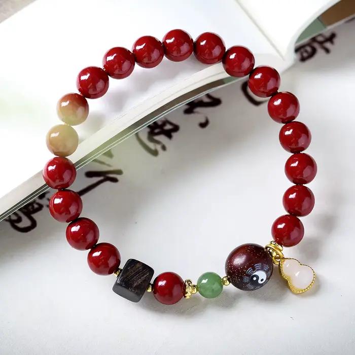 Bracelet ethnique en cinabre avec perles des Neuf Trigrammes Taoïstes et pendentif gourde pour femme, bijou de poignet, cadeau