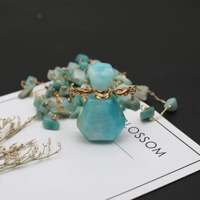 Collier bouteille de parfum Amazonite, pendentif en pierre en forme de cœur, diffuseur d'huile essentielle, breloques pour femmes et hommes, accessoires de bijoux