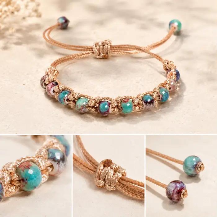 Bracelet en cordon doré avec perles en céramique Guifei, fait à la main, cordon ciré réglable, bijoux, cadeau S04-0113